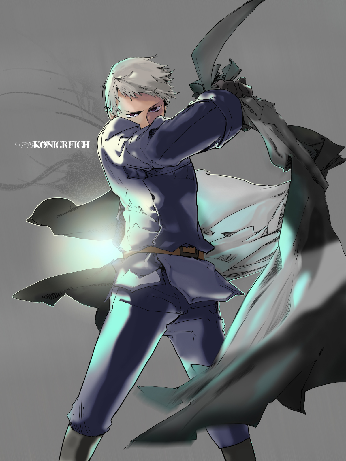 ko ao ginko, prussia (hetalia), axis powers hetalia, silver hair, bad id, bad pixiv id, highres, 00s, 1boy, belt, cloak, gloves, male focus, military, military uniform, red eyes, short hair, solo