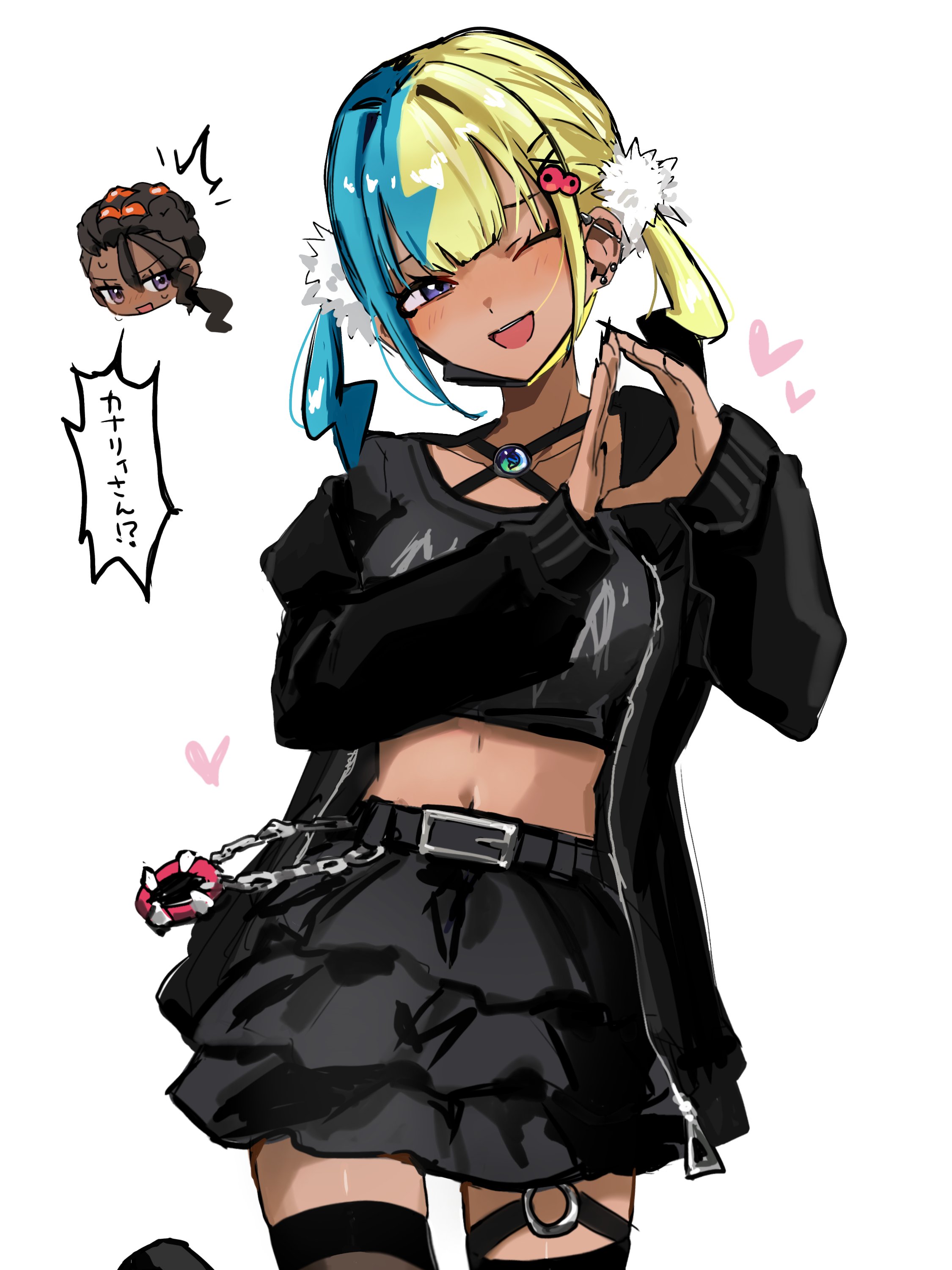 kairi0w0, canari (pokemon), naveen (pokemon), nintendo, pokemon, pokemon legends: z-a, absurdres, highres, 1boy, 1girl, aqua hair, black hair, black mask, blonde hair, blue eyes, blush, breasts, dark-skinned female, dark-skinned male, dark skin, jacket, long hair, long sleeves, looking at viewer, mask, mouth mask, multicolored hair, open clothes, open jacket, open mouth, shirt, short twintails, simple background, skirt, smile, speech bubble, split-color hair, thighhighs, twintails, two-tone hair, two-tone mask, white background, yellow mask