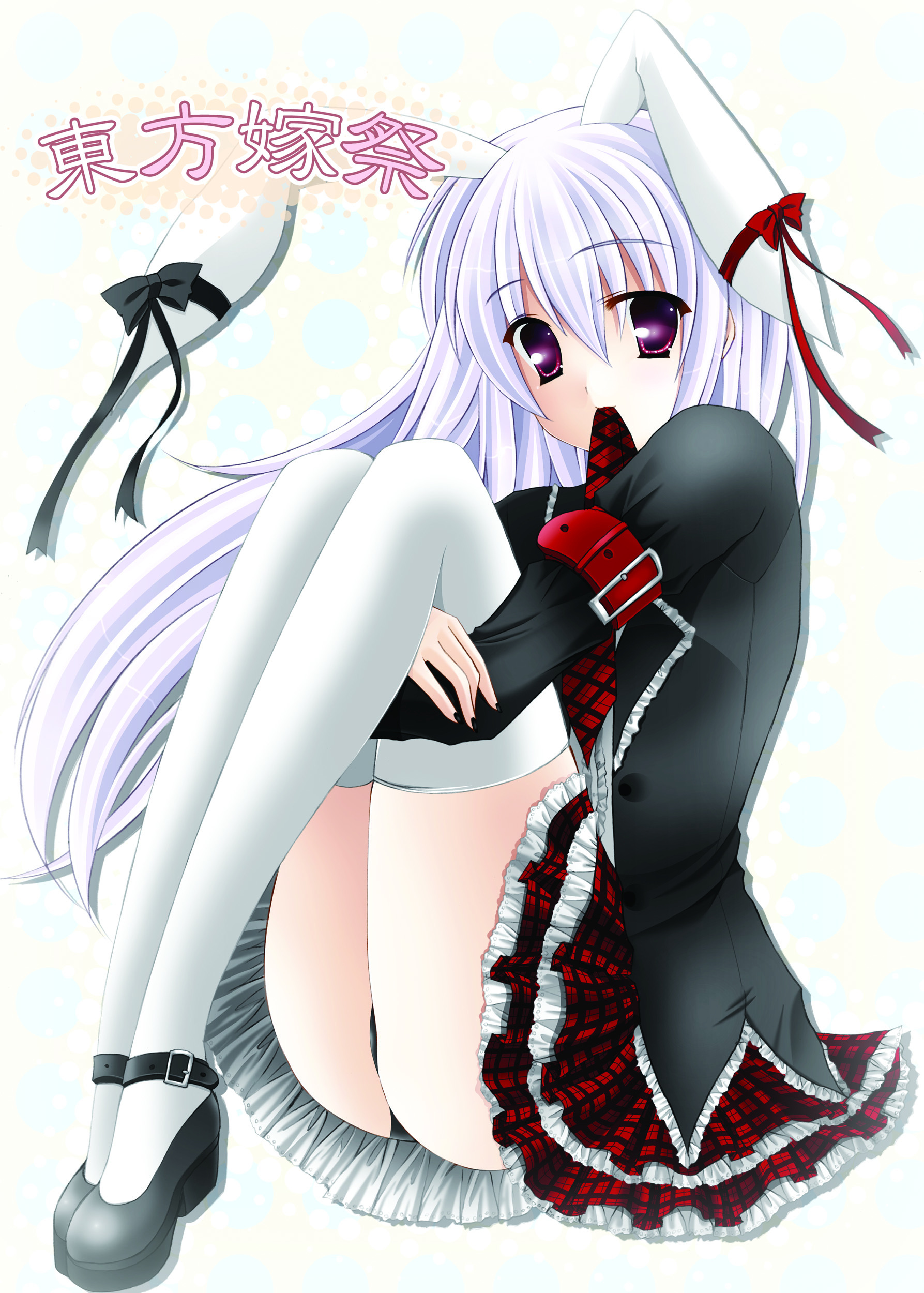 kirihara natsuki, reisen udongein inaba, touhou, silver hair, absurdres, bad id, bad pixiv id, highres, 1girl, animal ears, ass, female focus, full body, long hair, mary janes, mouth hold, necktie, panties, rabbit ears, red eyes, shoes, skirt, solo, thighhighs, underwear