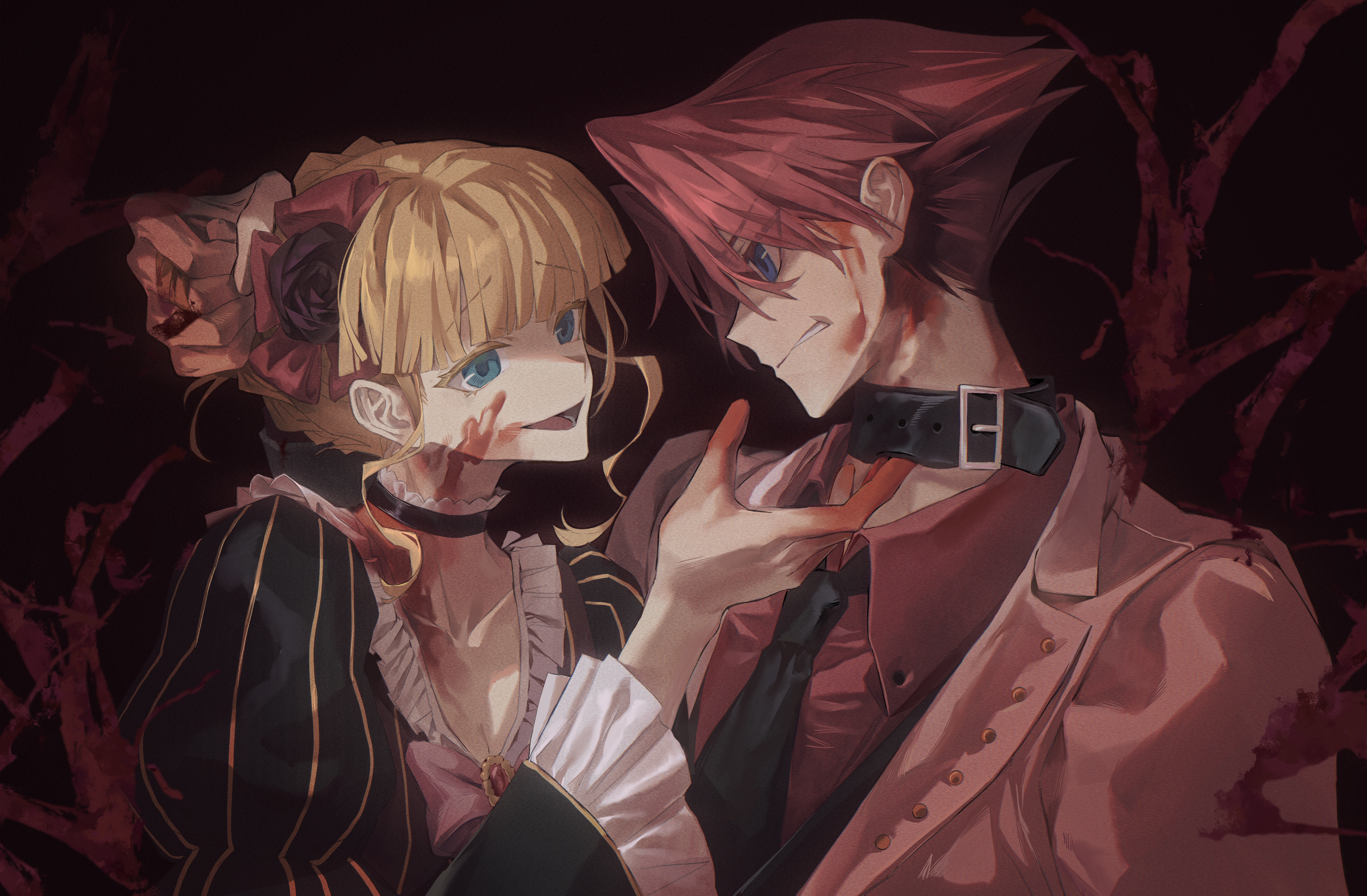 jinxiaoyimeng, beatrice (umineko), ushiromiya battler, umineko no naku koro ni, absurdres, highres, 1boy, 1girl, belt collar, black dress, black flower, black necktie, black rose, blonde hair, blood, blood on clothes, blood on face, blood on hands, blue eyes, blunt bangs, bow, braid, breasts, choker, cleavage, clenched teeth, collar, crown braid, dress, eye contact, flower, frilled choker, frilled sleeves, frills, furrowed brow, grabbing another's hair, hair bow, hair flower, hair ornament, hetero, holding another's hair, injury, jacket, looking at another, necktie, partially shaded face, pink jacket, portrait, raised inner eyebrows, red hair, red shirt, rose, shirt, short hair, smile, striped clothes, striped dress, teeth, vertical-striped clothes, vertical-striped dress, yellow trim