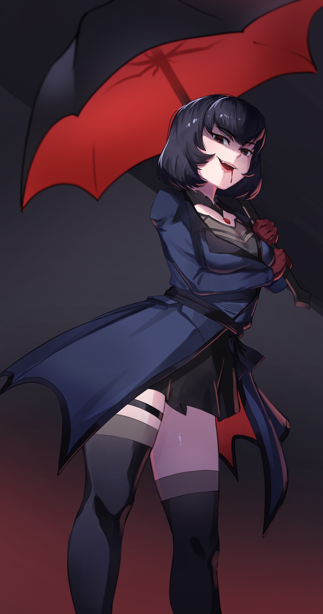 mocomori, mina (deadlock), deadlock (game), highres, 1girl, black hair, black thighhighs, blood, breasts, gloves, holding, holding umbrella, jacket, large breasts, long sleeves, red eyes, red gloves, short hair, skirt, teeth, thighhighs, thighs, umbrella, vampire
