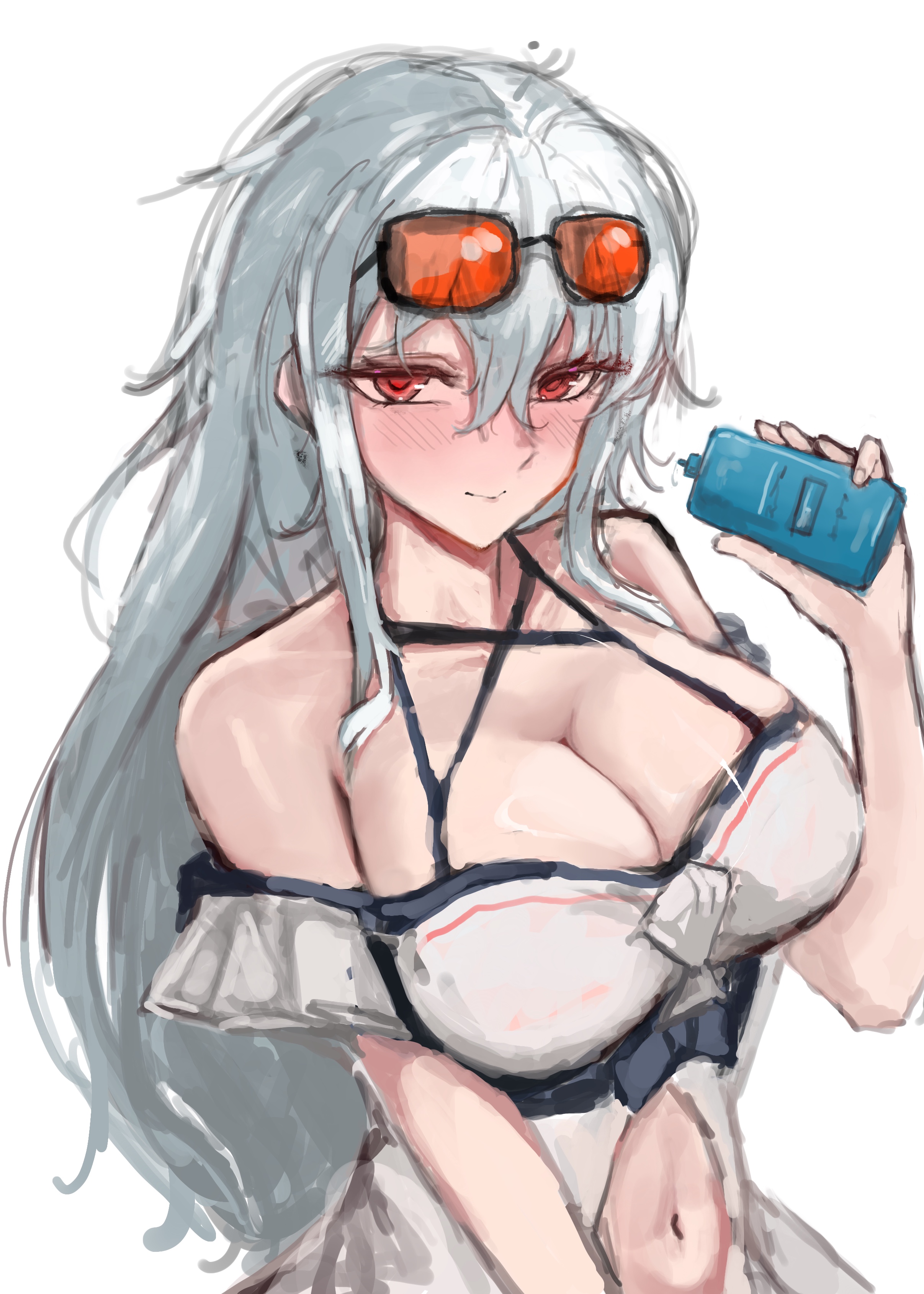 skadi (arknights), skadi (waverider) (arknights), arknights, absurdres, chinese commentary, commentary request, highres, unfinished, 1girl, black-framed eyewear, blush, breasts, cleavage, closed mouth, eyewear on head, grey hair, hair between eyes, holding, large breasts, long hair, lotion bottle, navel, official alternate costume, orange-tinted eyewear, red eyes, simple background, smile, solo, tinted eyewear, upper body, white background, yue-mois