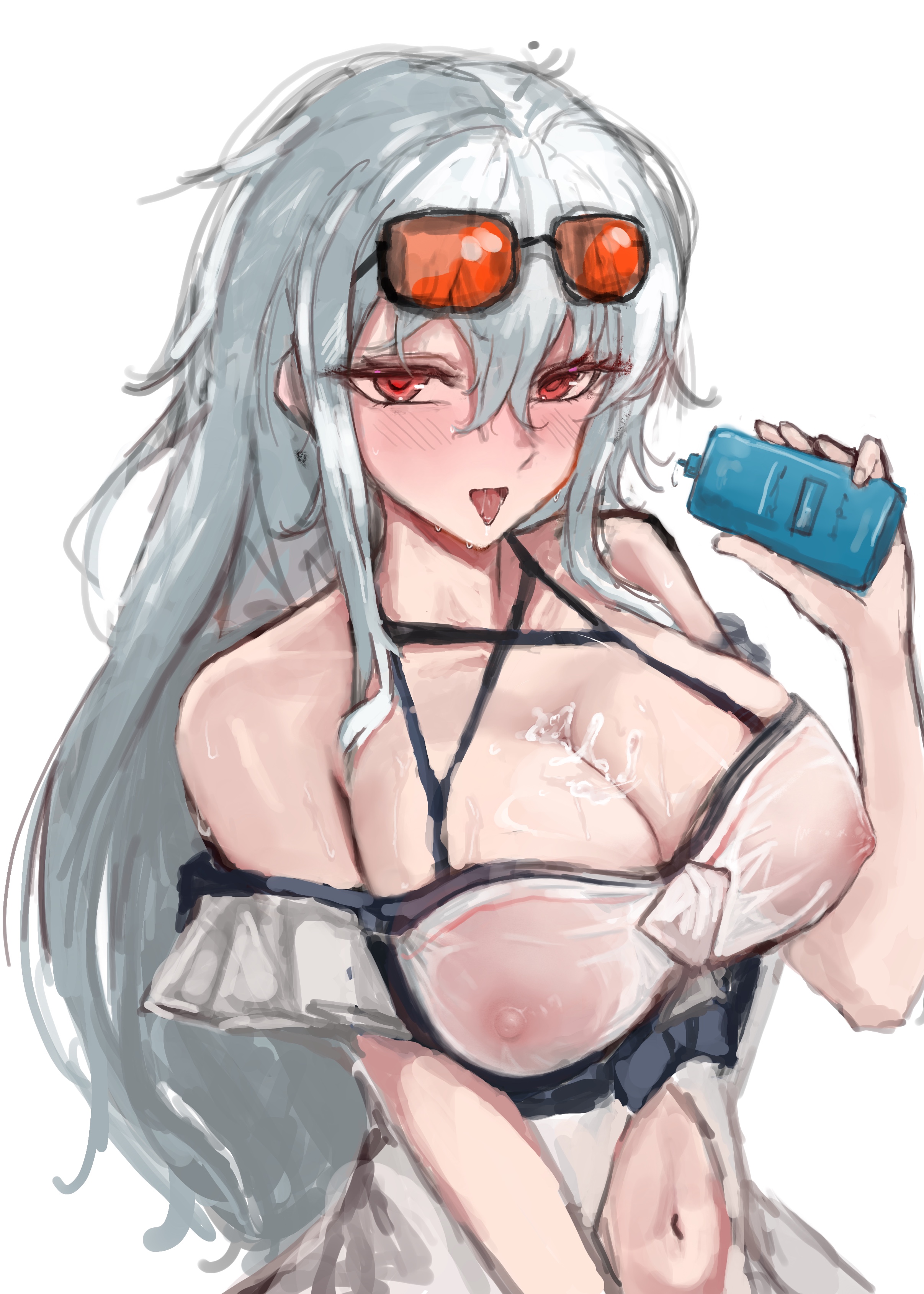 skadi (arknights), skadi (waverider) (arknights), arknights, absurdres, chinese commentary, commentary request, highres, unfinished, 1girl, black-framed eyewear, blush, breasts, cleavage, eyewear on head, grey hair, hair between eyes, holding, large breasts, long hair, lotion bottle, navel, nipples, official alternate costume, open mouth, orange-tinted eyewear, red eyes, saliva, see-through clothes, simple background, solo, tinted eyewear, tongue, tongue out, upper body, white background, yue-mois