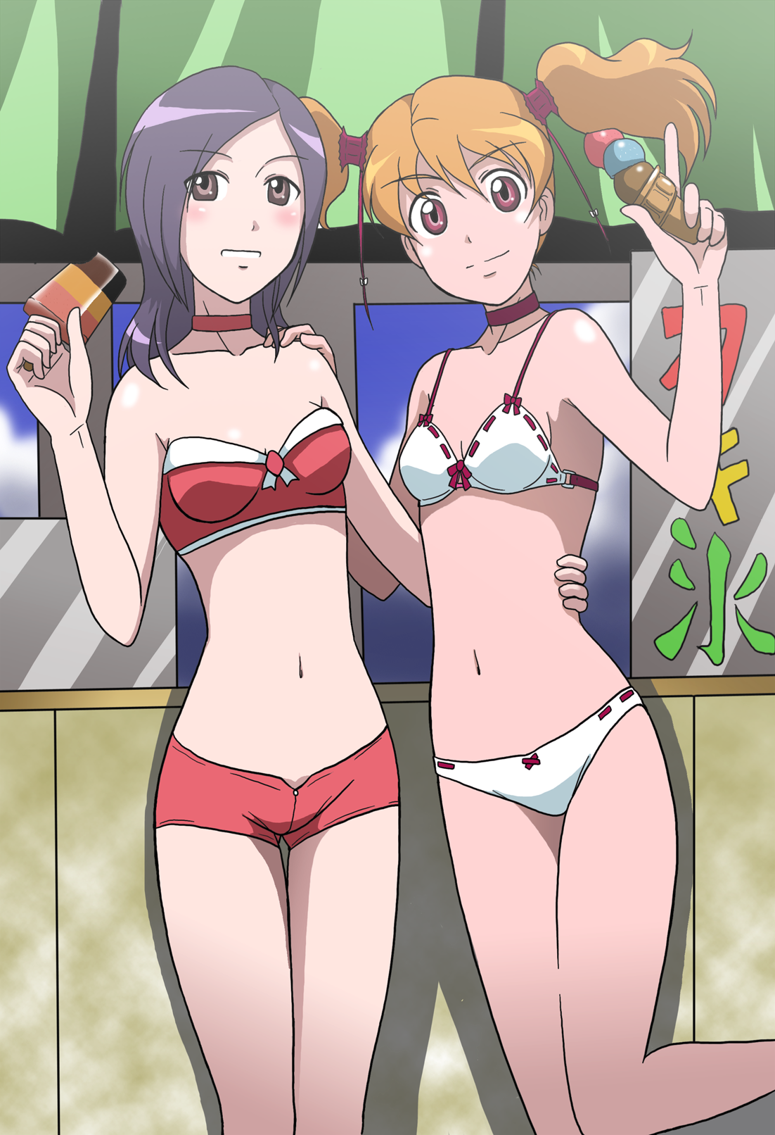takaya n, higashi setsuna, momozono love, fresh precure!, precure, hand on shoulder, highres, 00s, 2girls, arm around waist, bandeau, bikini, blush, choker, food, hand on own hip, hip focus, ice cream, multiple girls, popsicle, strapless, summer, swimsuit, twintails, yuri