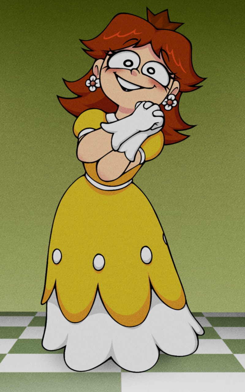 princess daisy, mario (series), nintendo, highres, black lips, brotato chip69, detached sleeves, dress, gloves, leaning to the side, own hands together, smile, white gloves