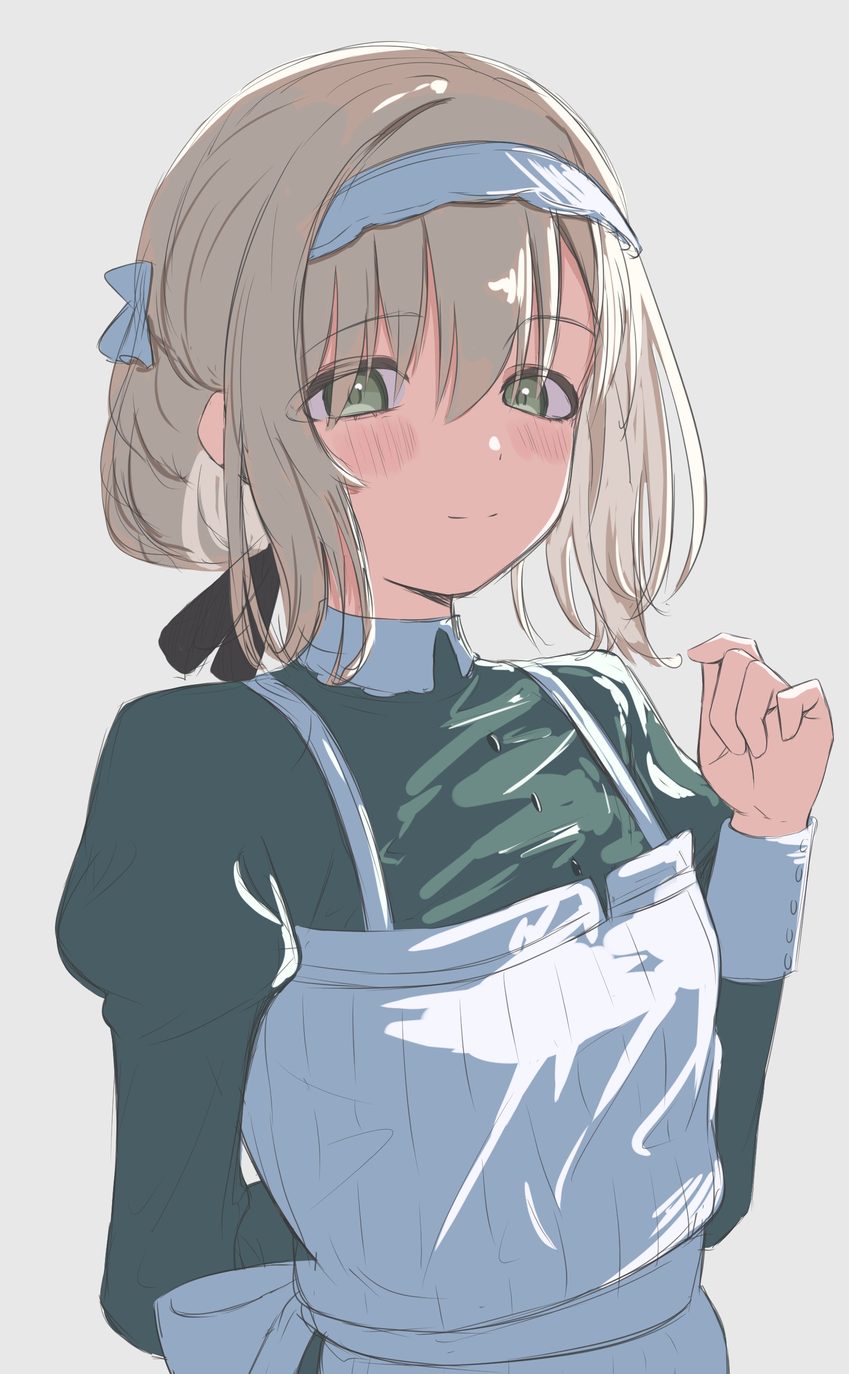 hiwatari kanae, gakuen idolmaster, idolmaster, absurdres, highres, 1girl, apron, black dress, black ribbon, closed mouth, dress, green eyes, grey background, grey hair, hair ribbon, hand up, looking at viewer, maid, maid headdress, puffy sleeves, ribbon, sahinaro, short hair, simple background, smile, solo, split mouth, white apron