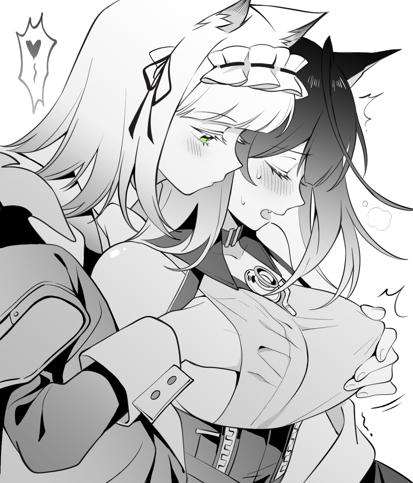 bai xin, kal'tsit (arknights), mon3tr (arknights), arknights, commentary, highres, symbol-only commentary, 2girls, animal ears, blush, breasts, closed mouth, embarrassed, fang, fingernails, frills, grabbing another's breast, green eyes, groping, heart, long sleeves, maid headdress, medium breasts, multiple girls, open mouth, profile, short hair, spot color, upper body, yuri