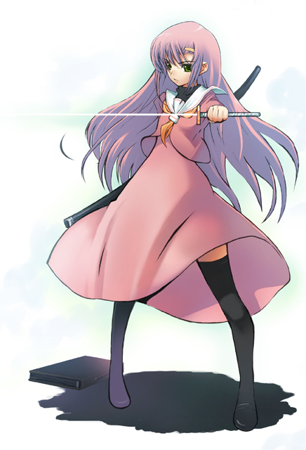 katsura hinagiku, hayate no gotoku!, non-web source, 00s, long hair, pink hair, school uniform, serafuku, sheath, solo, sword, thighhighs, weapon