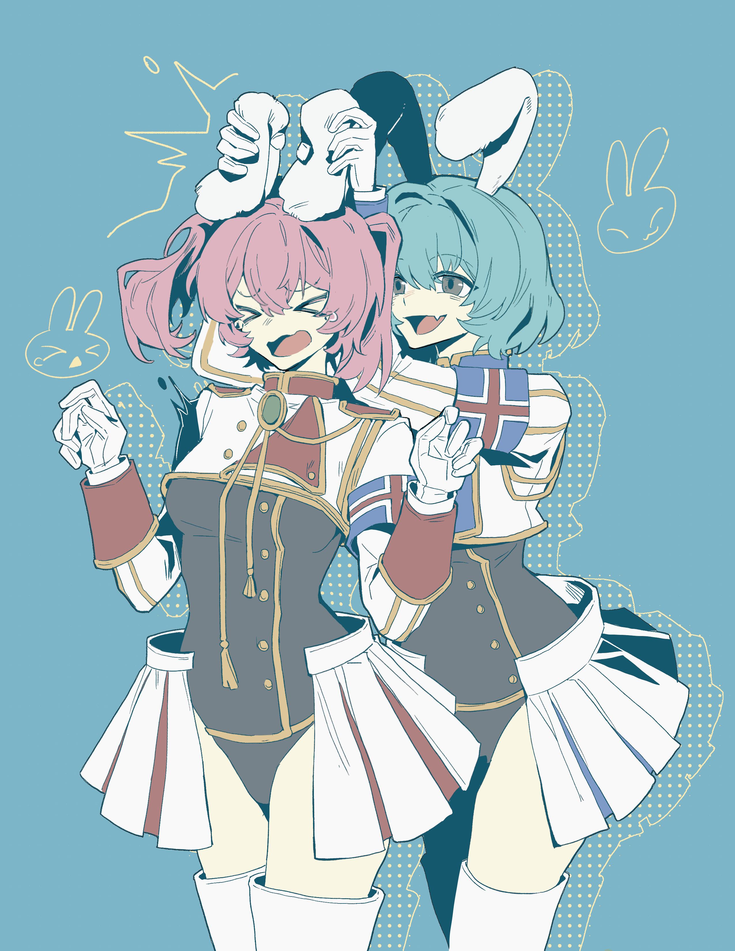 jinxiaoyimeng, chiester410, chiester45, umineko no naku koro ni, absurdres, highres, > <, 2girls, :d, animal ears, blue hair, bob cut, boots, cowboy shot, cropped jacket, fang, gloves, grabbing another's ear, grey eyes, hand on another's ear, looking at another, multiple girls, open mouth, pink hair, pleated skirt, rabbit ears, rabbit girl, skin fang, skirt, smile, swimsuit costume, tearing up, thigh boots, twintails, wavy mouth, white boots, white gloves, white skirt, yuri