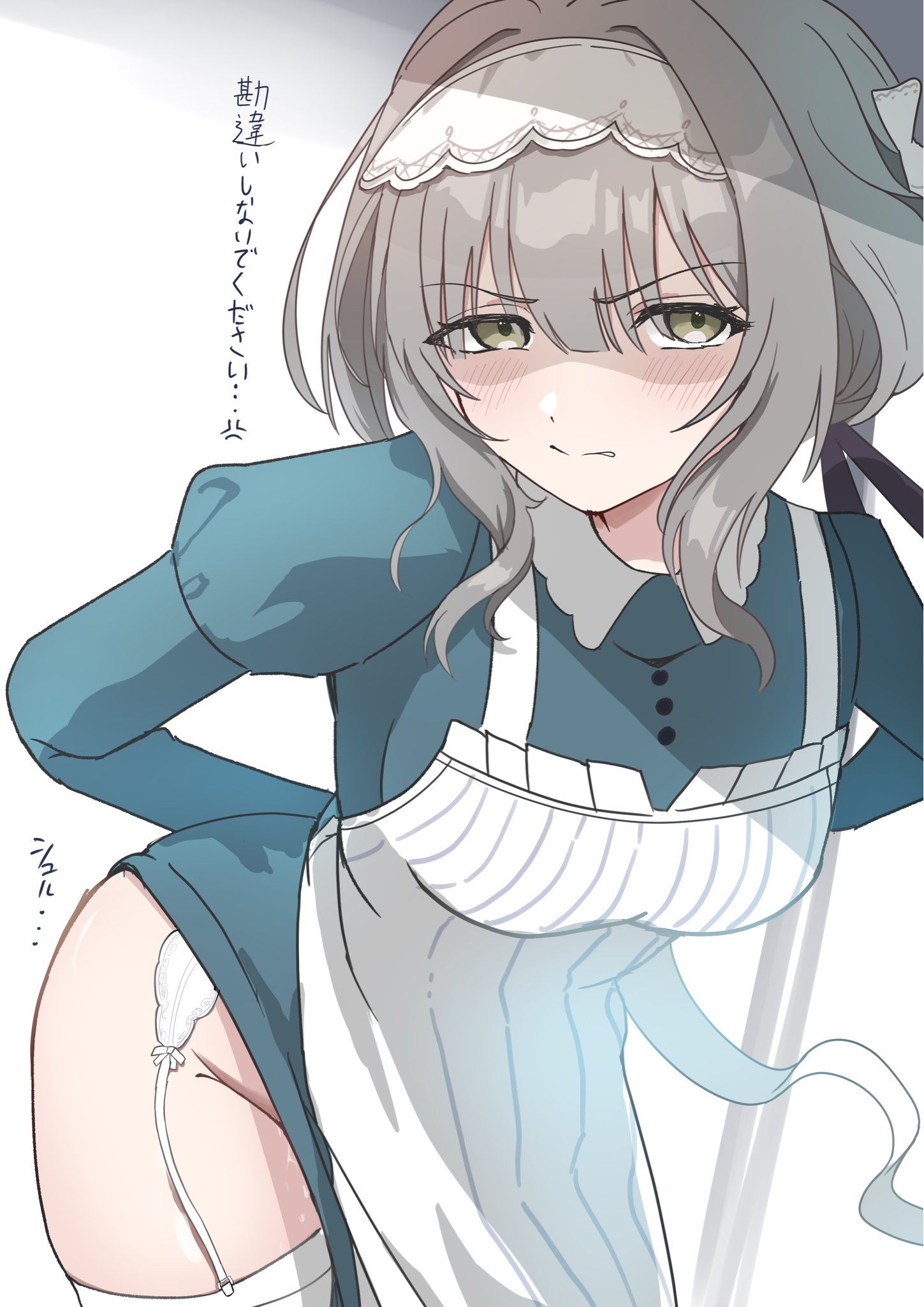 ssa tknh, hiwatari kanae, gakuen idolmaster, idolmaster, highres, translation request, 1girl, animal ears, apron, arms behind back, black ribbon, breasts, dress, garter straps, glaring, green dress, grey hair, hair ribbon, horse ears, leaning forward, maid, maid headdress, medium breasts, medium hair, puffy sleeves, ribbon, scowl, shaded face, side slit, sidelocks, simple background, solo, thighhighs, white apron, white background, white thighhighs