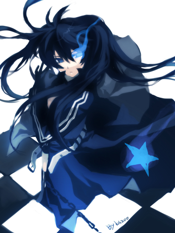 llcss, maruko, black rock shooter (character), black rock shooter, vocaloid, 10s, 1girl, belt, black hair, blue eyes, cape, female focus, glowing, glowing eyes, long hair, solo, twintails