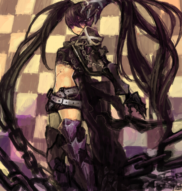 mikebosi, insane black rock shooter, black rock shooter, vocaloid, 10s, armor, belt, black hair, boots, chain, gauntlets, greaves, long hair, midriff, purple eyes, scar, shorts, solo, thigh boots, thighhighs, twintails