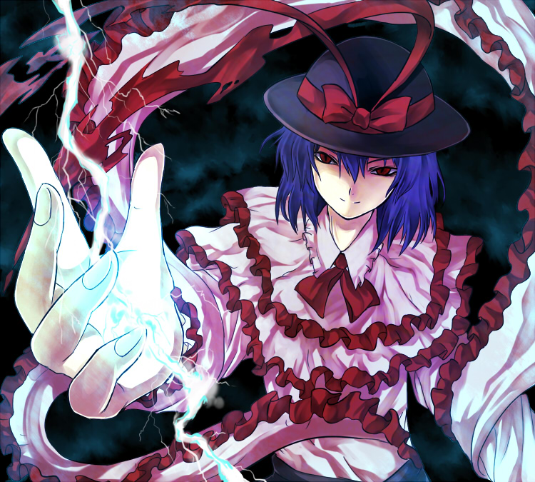 halomiya, nagae iku, touhou, bad id, bad pixiv id, 1girl, blue hair, electricity, female focus, hat, red eyes, shawl, short hair, solo