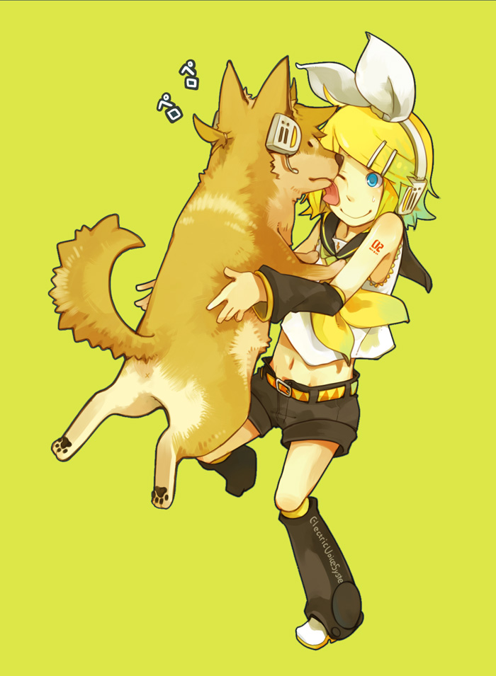 glider (guraida), guraida, kagamine len, kagamine rin, vocaloid, 1girl, blonde hair, blue eyes, dog, female focus, hair ornament, hair ribbon, hairclip, headphones, licking, one eye closed, ribbon, short hair, smile, solo, wink