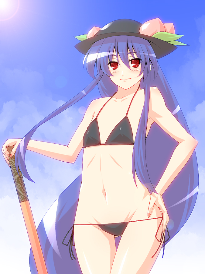 tro (trombe), hinanawi tenshi, touhou, 1girl, bikini, black bikini, day, female focus, flat chest, hat, hip focus, solo, swimsuit, sword, sword of hisou, thigh gap, weapon, wide hips