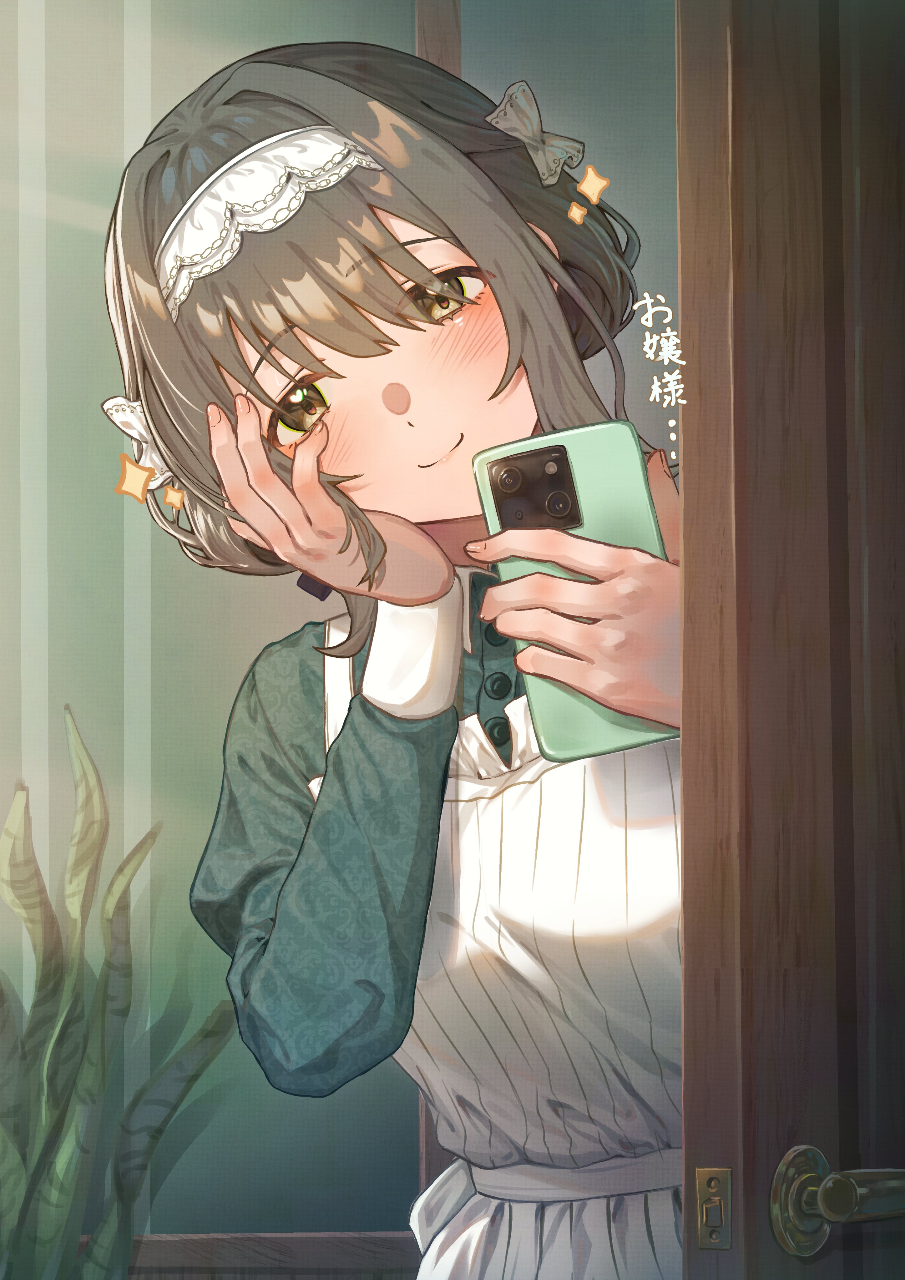 wari sando, hiwatari kanae, gakuen idolmaster, idolmaster, absurdres, highres, 1girl, apron, black ribbon, blush, cellphone, closed mouth, door, dress, green dress, green eyes, grey hair, hair between eyes, hair ribbon, hand on own face, hands up, holding, holding phone, indoors, long sleeves, maid headdress, phone, plant, potted plant, ribbon, short hair, smartphone, solo, white apron