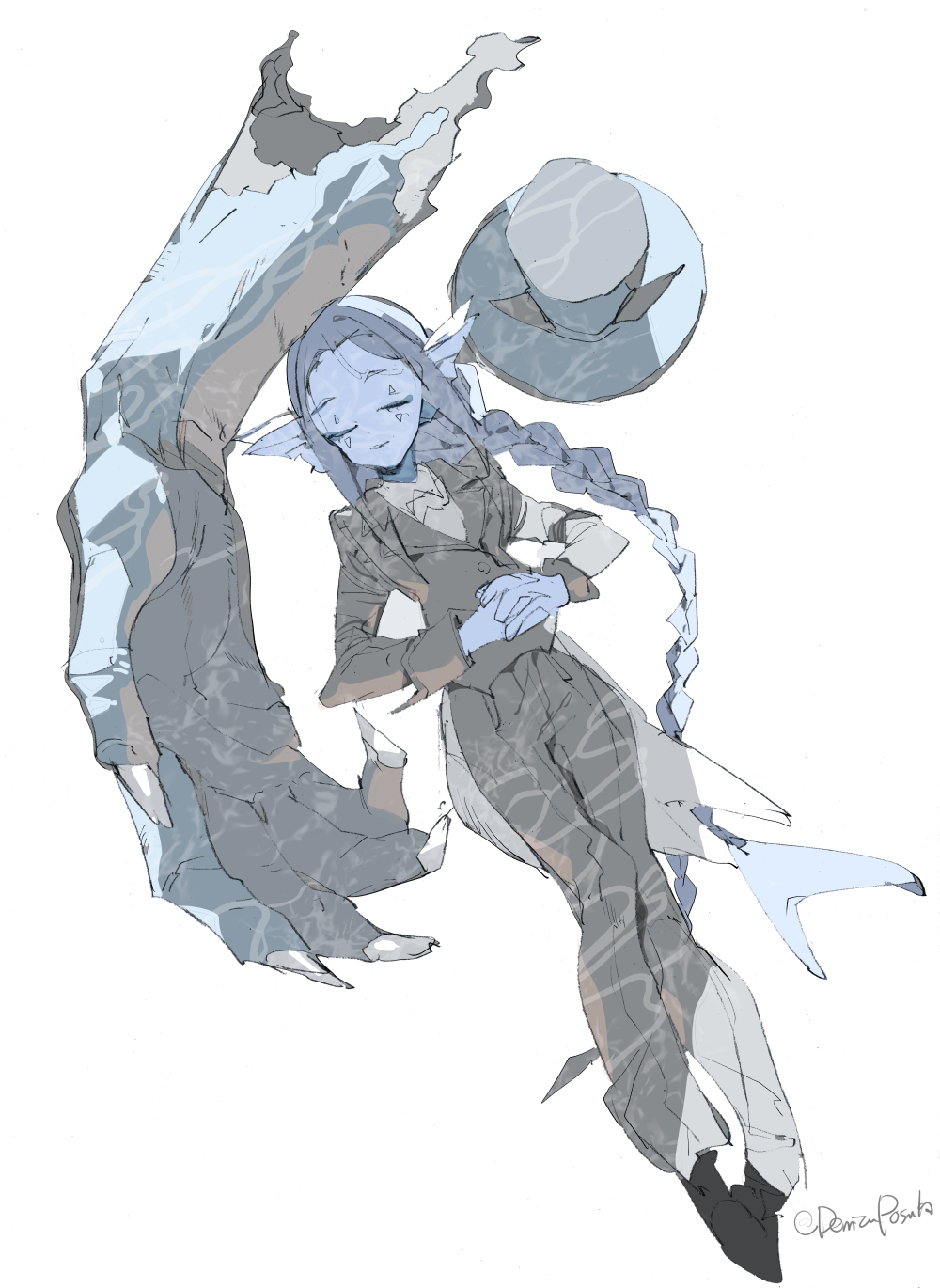 demizu posuka, original, commentary, highres, 1girl, blue hair, blue skin, braid, closed eyes, colored skin, from above, hat, long hair, lying, on back, simple background, single braid, solo, tail, twitter username, white background