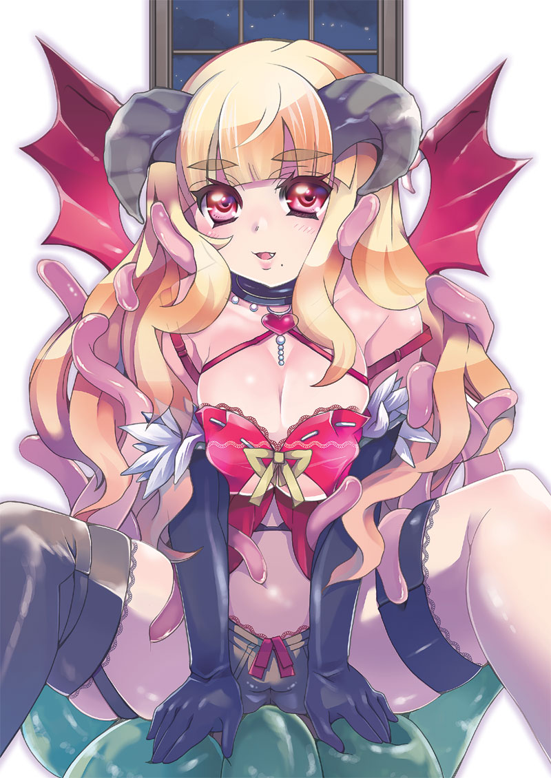 choko (kandatake), succubus (ragnarok online), ragnarok online, commentary request, 1girl, babydoll, black gloves, black panties, black thighhighs, blonde hair, blunt bangs, blush, breasts, choker, cleavage, demon girl, elbow gloves, fang, feet out of frame, fur-trimmed gloves, fur trim, gloves, grey horns, heart, heart choker, horns, hydra (ragnarok online), large breasts, long hair, looking at viewer, mismatched thighhighs, mole, mole under mouth, navel, open mouth, panties, red babydoll, red eyes, red wings, sitting, smile, solo, tentacles, thighhighs, underwear, white thighhighs, window, wings