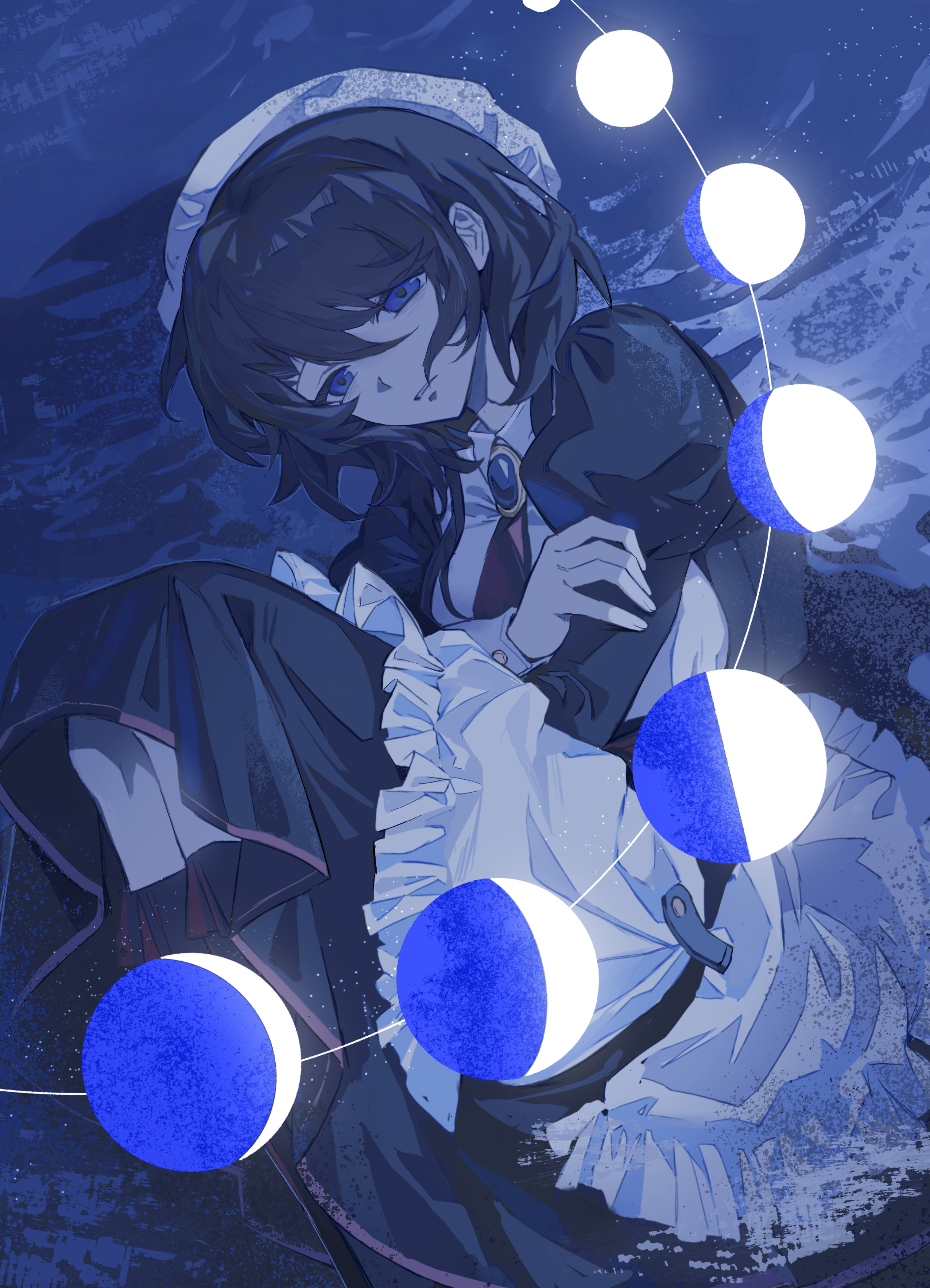 jinxiaoyimeng, shannon (umineko), umineko no naku koro ni, absurdres, highres, 1girl, apron, beret, black dress, black socks, blue eyes, blue gemstone, blue theme, bob cut, brown hair, crossed arms, dress, frilled apron, frilled socks, frills, gem, hair between eyes, hat, kneehighs, maid, maid apron, necktie, parted lips, puffy sleeves, red necktie, shirt, socks, solo, wavy hair, white apron, white hat, white shirt