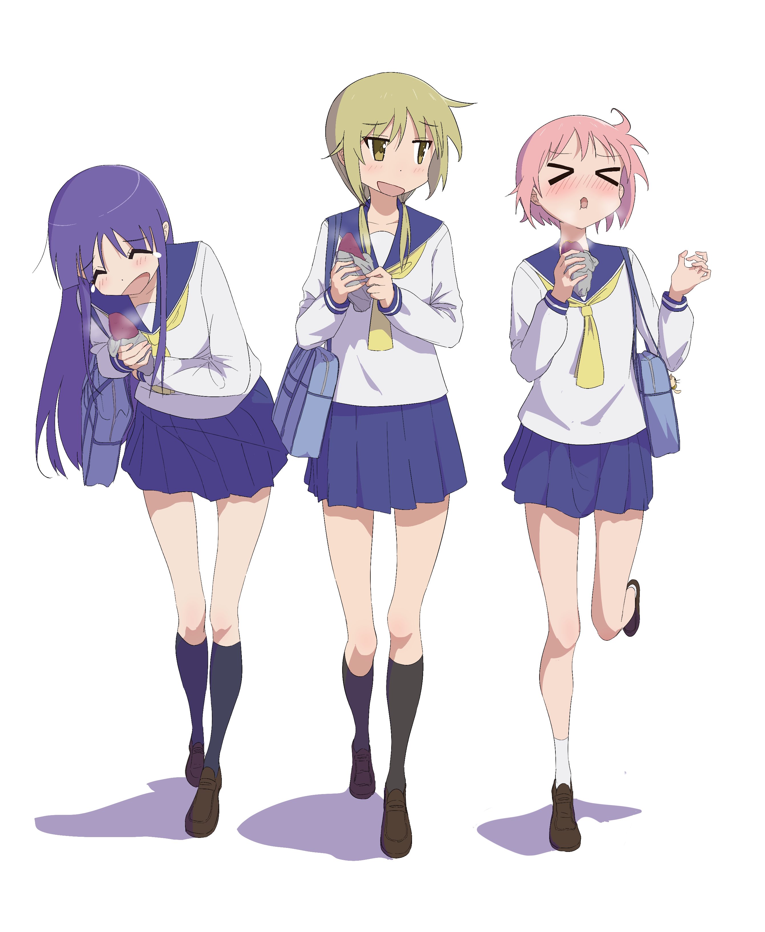 setsuna bluem34, hinata yukari, ichii yui, nonohara yuzuko, yuyushiki, absurdres, highres, > <, 3girls, black socks, blonde hair, blue sailor collar, blue skirt, blush, briefcase, closed eyes, food, friends, holding, holding food, laughing, long hair, multiple girls, neckerchief, pink hair, pleated skirt, purple hair, roasted sweet potato, sailor collar, school briefcase, school uniform, shadow, shirt, short hair, simple background, skirt, socks, sweet potato, white background, white shirt, white socks, yellow eyes, yellow neckerchief