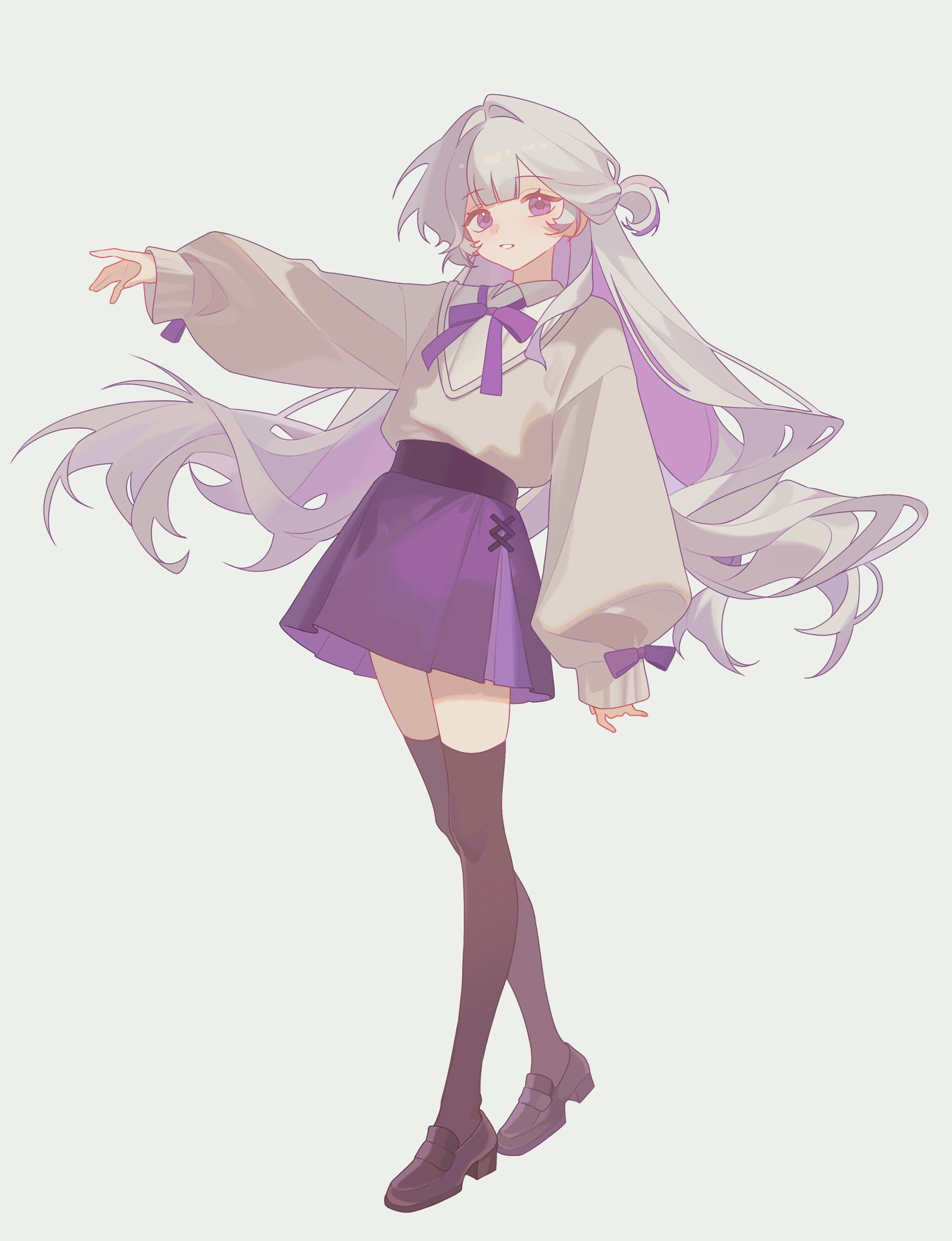 original, highres, 1girl, black thighhighs, bow, bowtie, brown shoes, closed mouth, collared shirt, colored inner hair, cross-laced clothes, cross-laced skirt, dinner party, full body, grey background, grey hair, grey sweater, loafers, long hair, long sleeves, looking at viewer, multicolored hair, neck ribbon, one side up, outstretched arm, puffy long sleeves, puffy sleeves, purple bow, purple bowtie, purple eyes, purple hair, purple ribbon, purple skirt, ribbon, shirt, shoes, simple background, skirt, sleeves past wrists, smile, solo, sweater, thighhighs, very long hair, white hair, white shirt