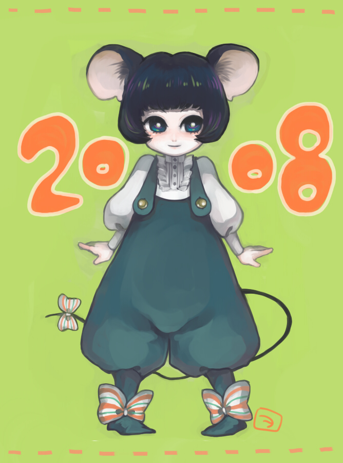 ogata (artist), wogata (000khz), bad id, bad pixiv id, 00s, 2008, animal ears, black hair, blue eyes, bow, mouse ears, mouse tail, short hair, solo, tail