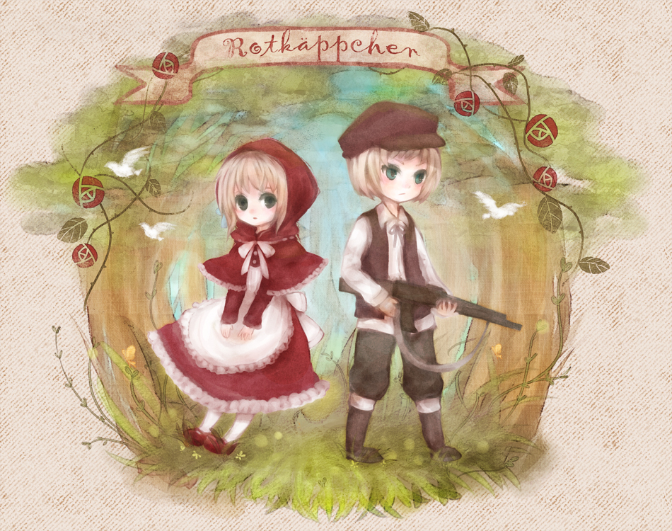 mikanniro, saku saki, hunter (little red riding hood), liechtenstein (hetalia), little red riding hood (fairy tale character), switzerland (hetalia), axis powers hetalia, little red riding hood (fairy tale), bad id, bad pixiv id, 00s, 1boy, 1girl, apron, blonde hair, dress, forest, green eyes, gun, hat, hood, nature, newsboy cap, short hair, siblings, vest, weapon