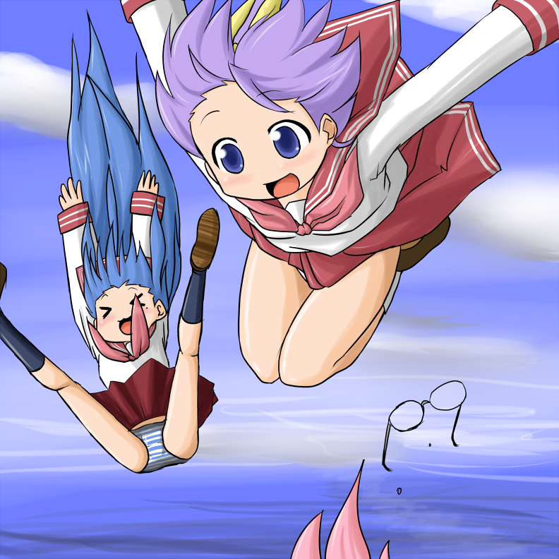 kanizawa, kanizawa kinu, unyoon (koorin), hiiragi tsukasa, izumi konata, takara miyuki, lucky star, 00s, 2girls, day, falling, glasses, mole, mole under eye, multiple girls, panties, school uniform, serafuku, skirt, sky, striped clothes, striped panties, underwear