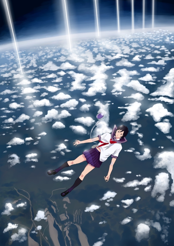 shiira, original, bad id, bad pixiv id, 1girl, cd player, cd walkman, cloud, earphones, falling, female focus, loafers, ocean, outdoors, school uniform, serafuku, shoes, sky, socks, solo