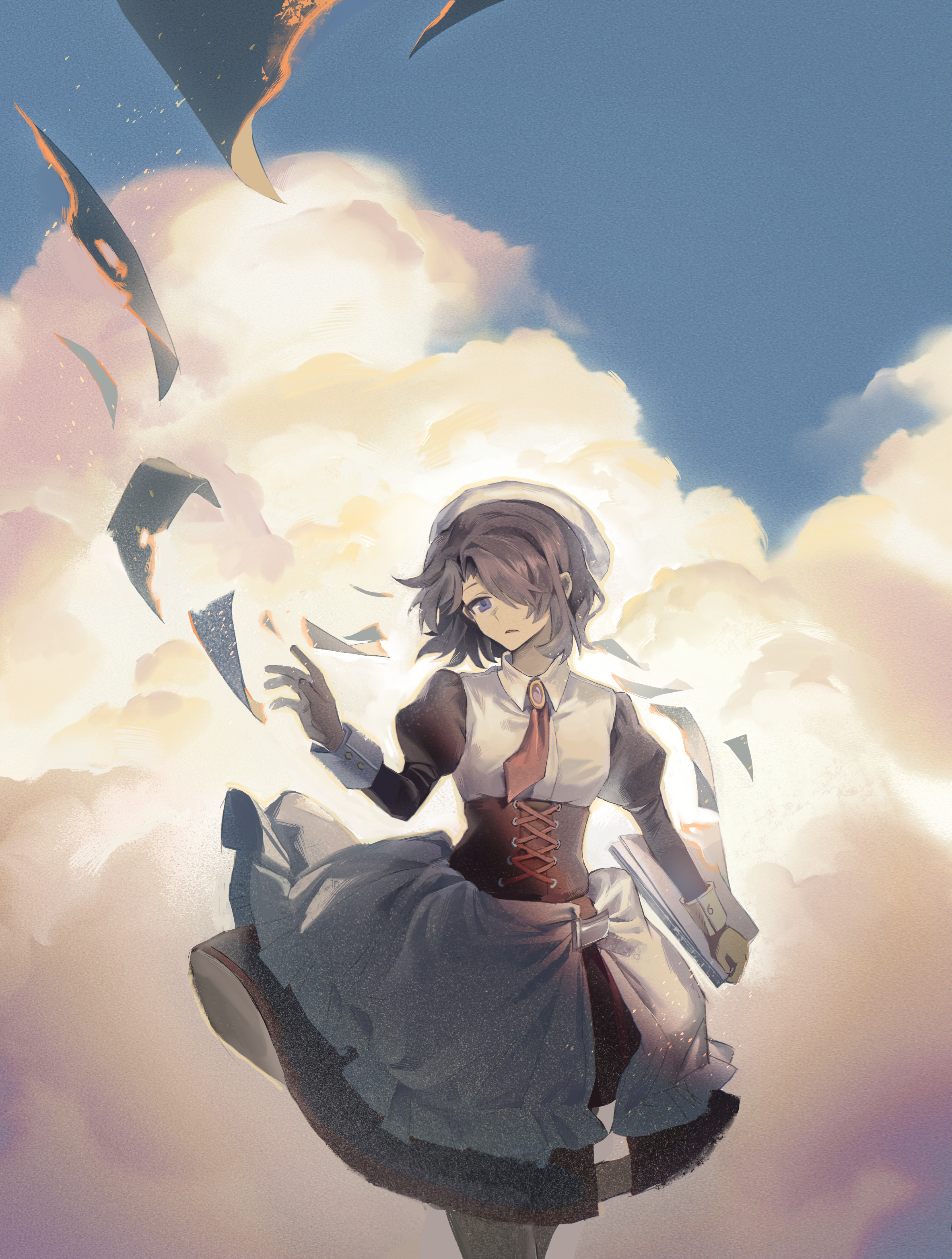 jinxiaoyimeng, shannon (umineko), umineko no naku koro ni, yellow clouds, absurdres, highres, 1girl, beret, black corset, black dress, blue eyes, blue sky, bob cut, brown hair, cloud, corset, cowboy shot, dress, floating clothes, floating hair, frilled dress, frills, hair over one eye, hat, holding, holding paper, looking at object, maid, medium hair, necktie, paper, puffy sleeves, red necktie, shirt, side slit, single hair intake, skirt, sky, solo, white hat, white shirt