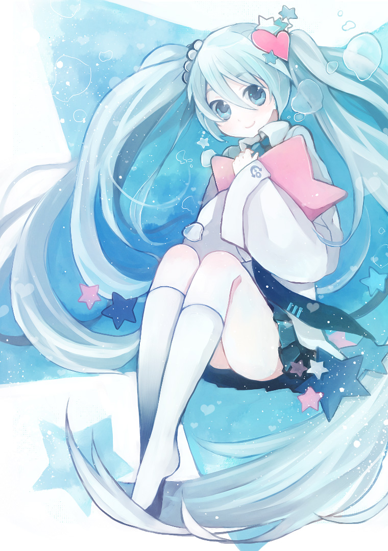 hama (sleeps), hatsune miku, vocaloid, bad id, bad pixiv id, aqua eyes, aqua hair, heart, kneehighs, long hair, skirt, smile, socks, solo, twintails, very long hair, white socks