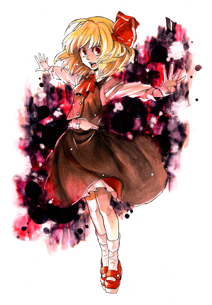 ogata (artist), wogata (000khz), rumia, embodiment of scarlet devil, touhou, highres, 1girl, blonde hair, darkness, female focus, full body, hair ribbon, outstretched arms, red eyes, ribbon, short hair, solo, spread arms, white background