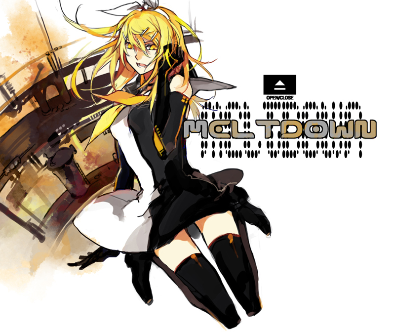 starshadowmagician, kagamine rin, meltdown, roshin yuukai (vocaloid), vocaloid, black thighhighs, blonde hair, boots, dress, elbow gloves, gloves, hair ornament, hair ribbon, hairclip, long hair, ribbon, sailor dress, solo, thigh boots, thighhighs, yellow eyes, zettai ryouiki