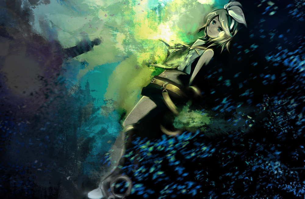 soriku, kagamine rin, vocaloid, bad id, bad pixiv id, blonde hair, hair ornament, hair ribbon, hairclip, ribbon, short hair, shorts, solo