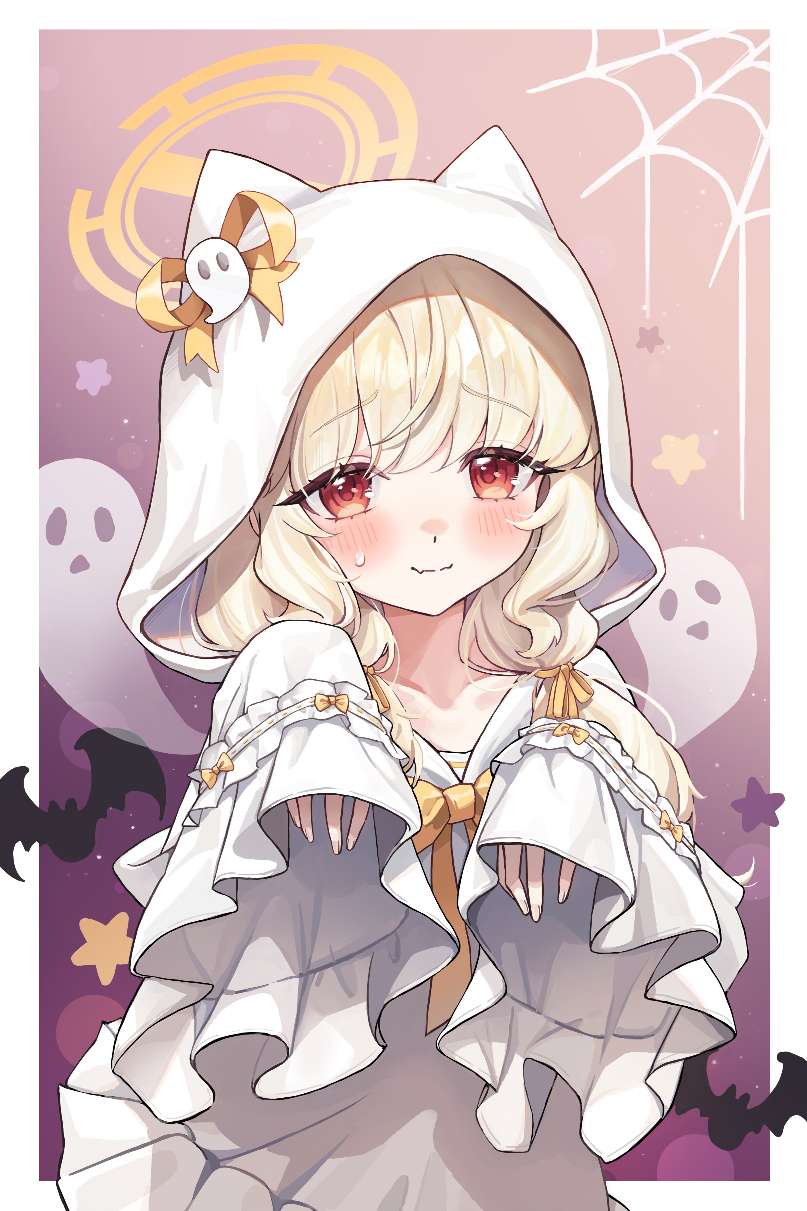 aoba (blue archive), blue archive, absurdres, highres, 1girl, animal ears, bat (animal), blonde hair, blush, closed mouth, dress, ghost costume, halloween, halloween costume, halo, hood, hood up, long hair, long sleeves, looking at viewer, mii ee2, red eyes, silk, smile, solo, spider web, white dress, yellow halo