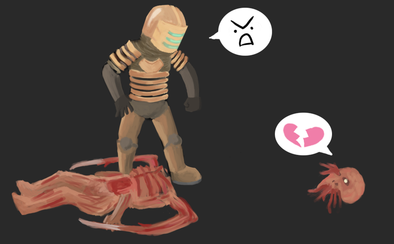 isaac clarke, dead space (series), light, 1boy, armor, decapitation, helmet, monster, necromorph, power armor, power suit, science fiction