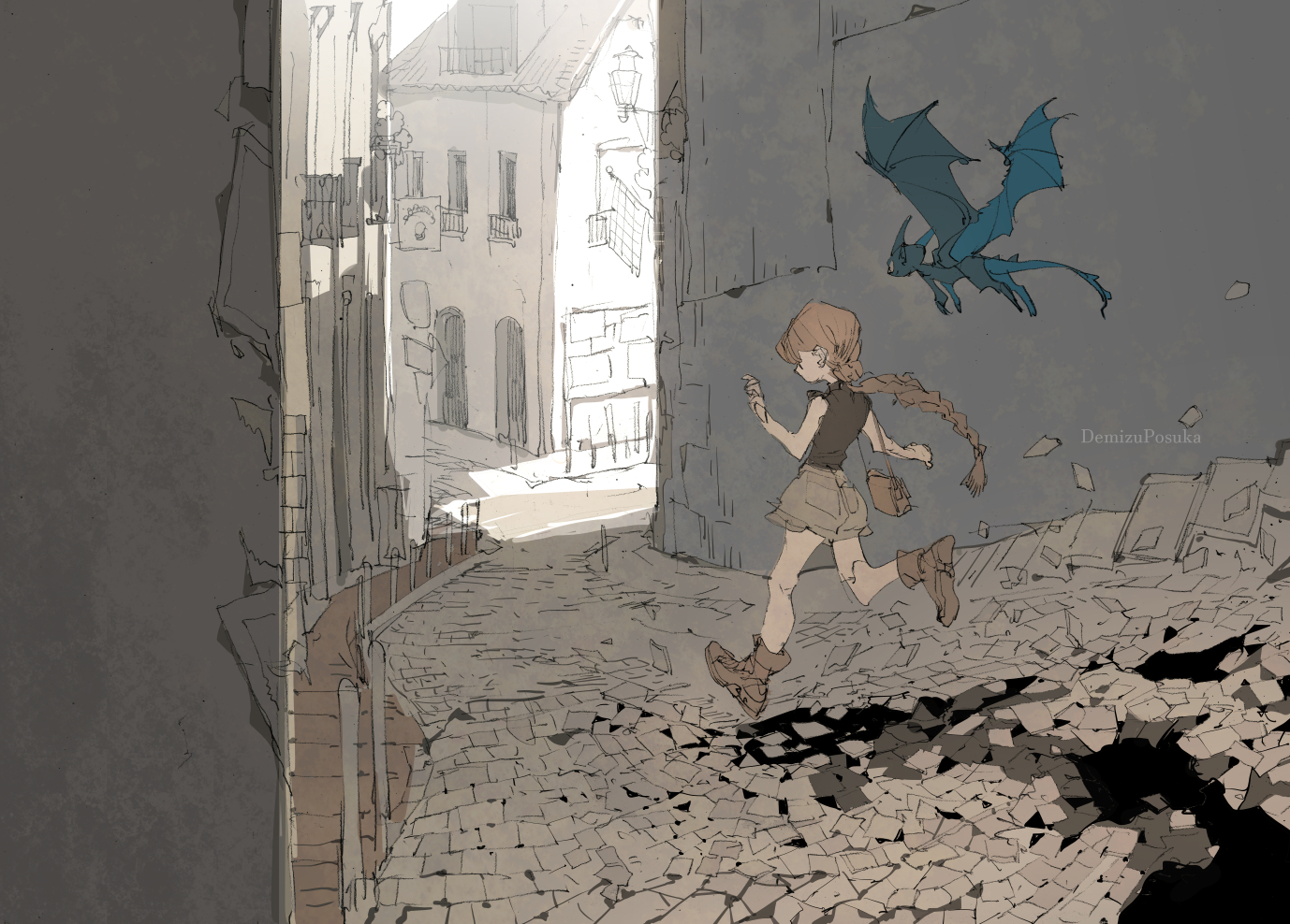 demizu posuka, original, commentary, 1girl, artist name, bag, braid, braided ponytail, brown hair, horns, long hair, running, shorts, shoulder bag, wings