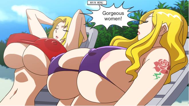 jyubei, b. jenet, blue mary, diva mizuki, snk, the king of fighters, bikini, blonde hair, breasts, cleavage, huge breasts, long hair, outdoors, short hair, sunbathing, swimsuit