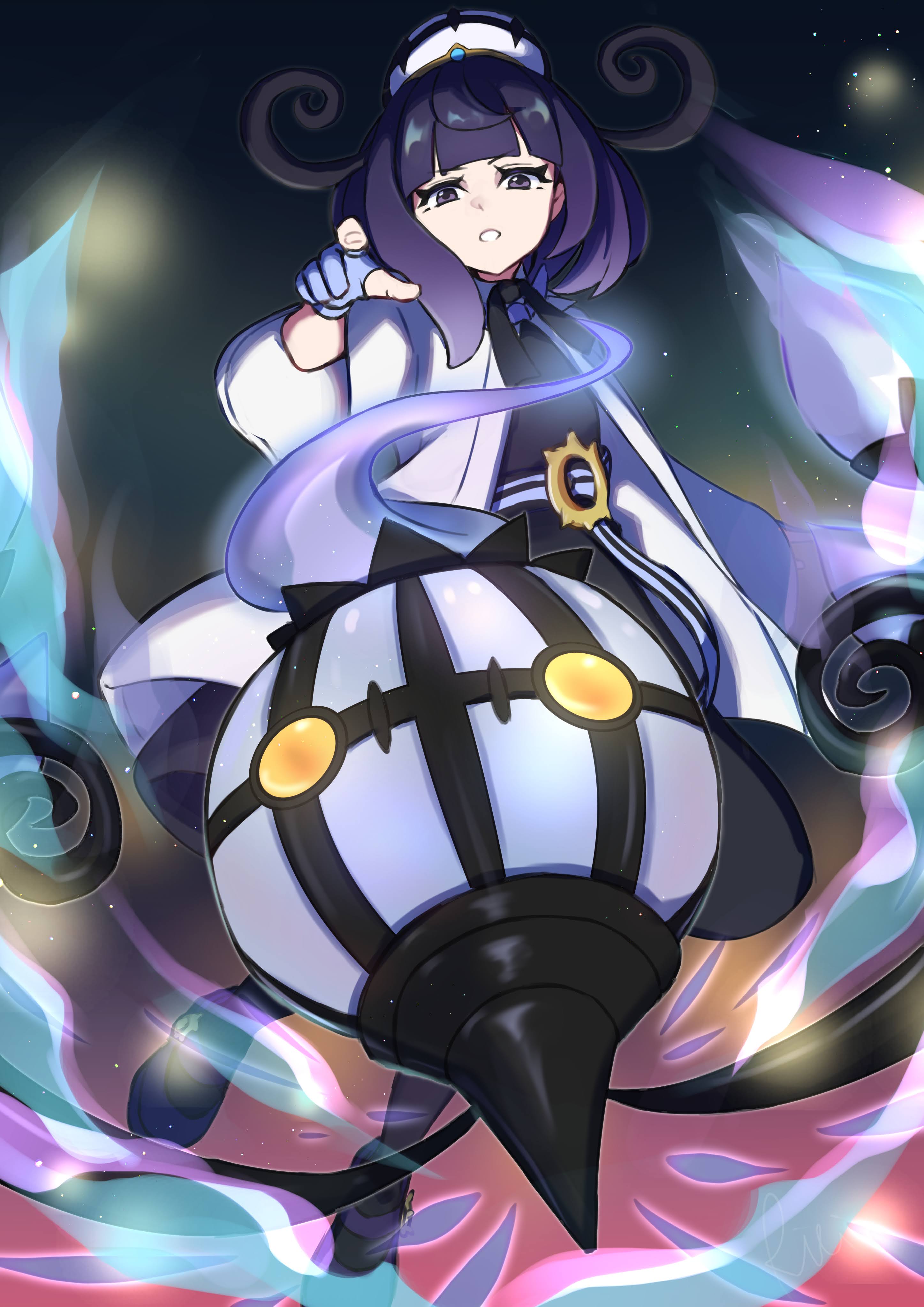 asakura riri, chandelure, gwynn (pokemon), nintendo, pokemon, pokemon legends: z-a, absurdres, highres, 1girl, belt, belt buckle, black dress, bob cut, buckle, coat, dress, gen 5 pokemon, gloves, hat, long sleeves, looking at viewer, o-ring, o-ring belt, open clothes, open coat, pantyhose, partially fingerless gloves, pokemon (creature), purple eyes, purple hair, short hair, white coat