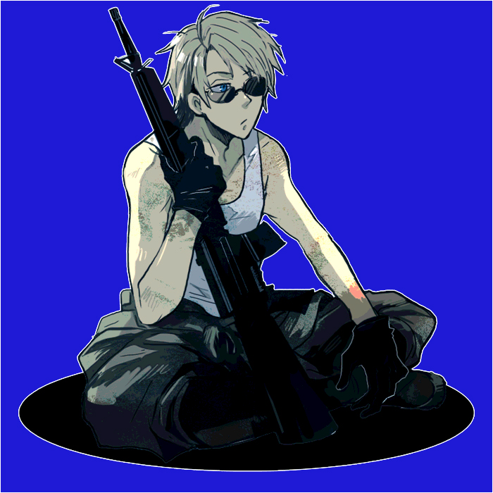 sudachips, america (hetalia), axis powers hetalia, bad id, bad pixiv id, 00s, 1boy, ahoge, assault rifle, blonde hair, blue eyes, gloves, gun, m16, machine gun, male focus, rifle, short hair, simple background, sitting, solo, sunglasses, weapon