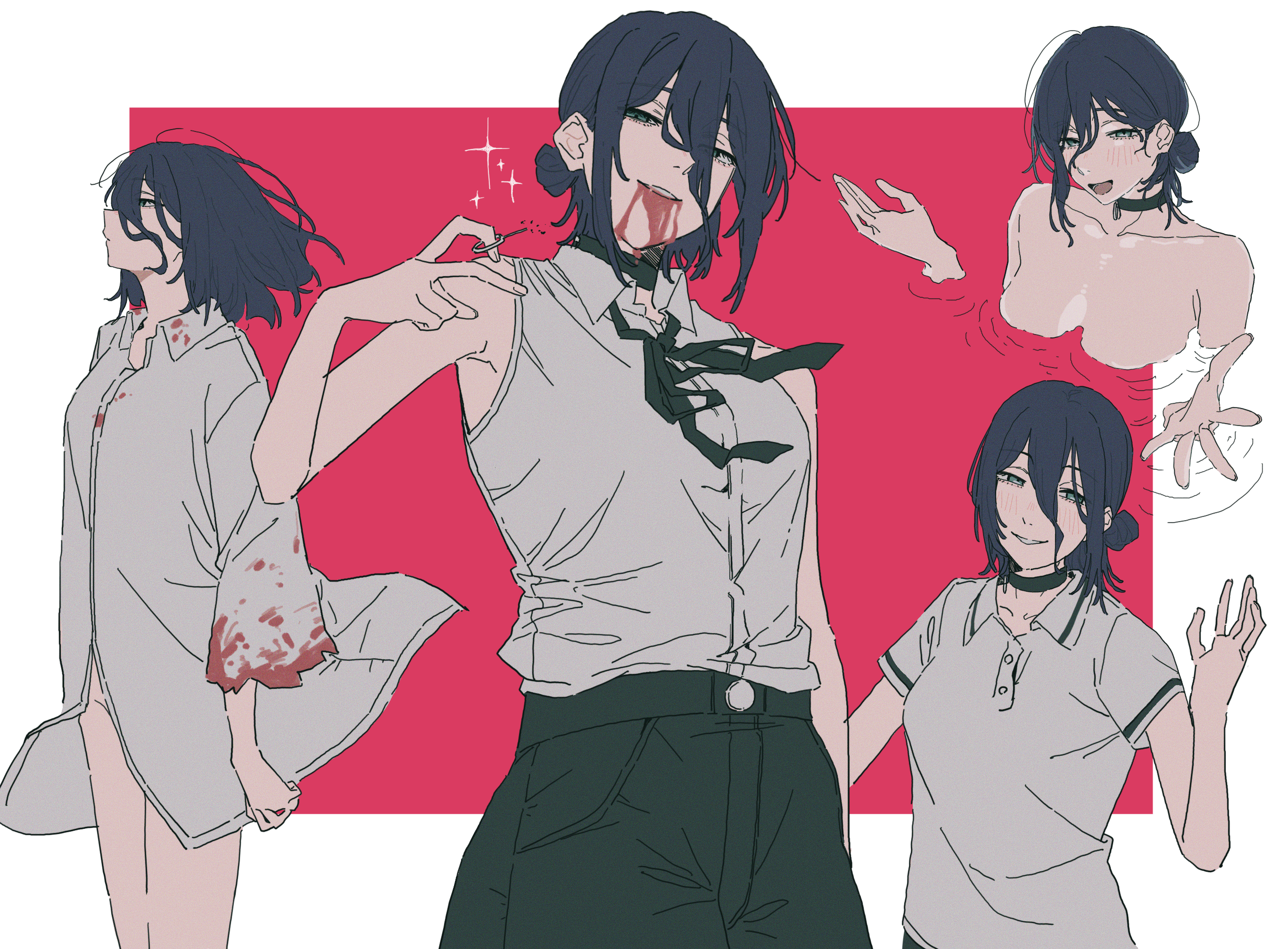 full burrrrrrst, reze (chainsaw man), chainsaw man, highres, 1girl, black choker, black hair, black ribbon, black shorts, blood, blood from mouth, blood on clothes, breasts, choker, green eyes, grenade pin, grey shirt, hair bun, medium breasts, multiple views, neck ribbon, partially submerged, polo shirt, ribbon, shirt, shorts, sleeveless, sleeveless shirt