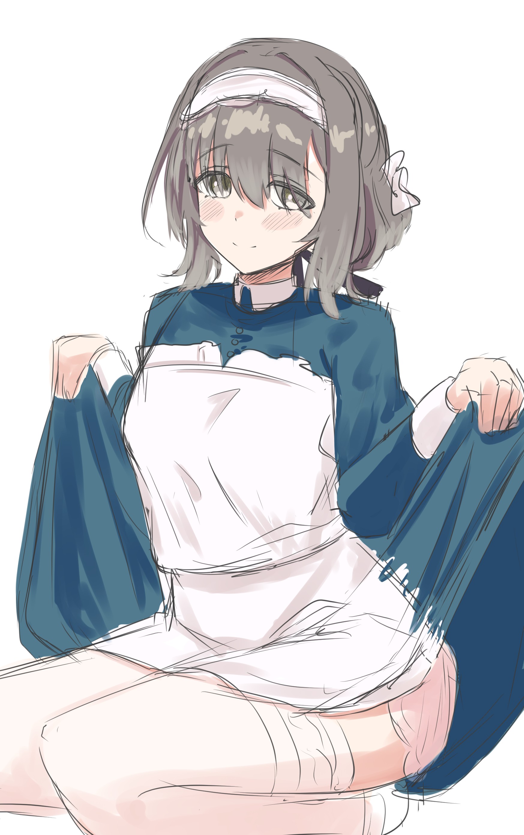 hiwatari kanae, gakuen idolmaster, idolmaster, absurdres, commentary, highres, 1girl, apron, blush, dress, green dress, green eyes, grey hair, maid, maid headdress, sahinaro, seiza, short hair, simple background, sitting, skirt hold, solo, split mouth, thighhighs, white apron, white background, white thighhighs