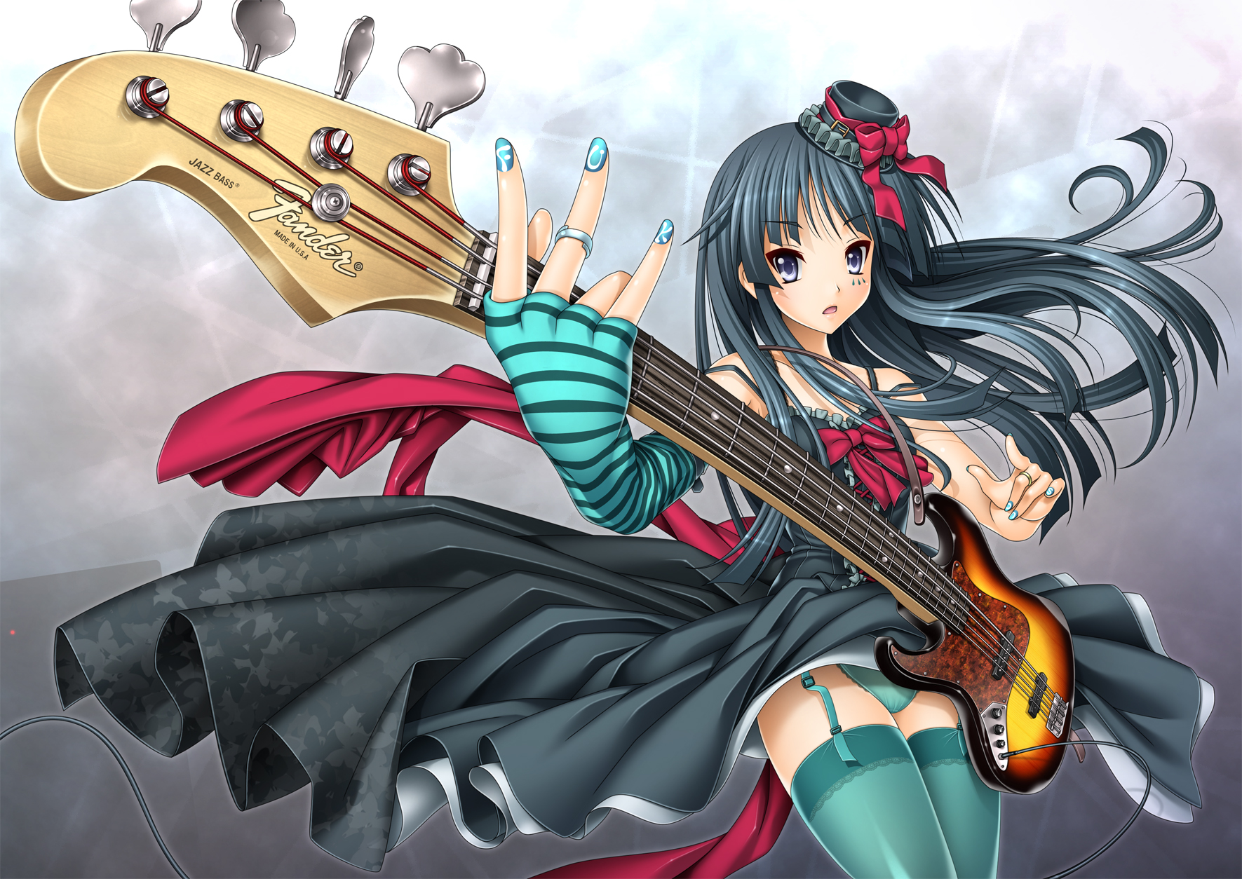 440 (straight440), akiyama mio, don't say "lazy", k-on!, bad id, bad pixiv id, highres, 00s, 1girl, aqua thighhighs, asymmetrical clothes, bass guitar, black dress, black hair, blue eyes, blue nails, bow, cable, dress, elbow gloves, female focus, foreshortening, garter belt, gloves, guitar, hat, instrument, jewelry, lingerie, long hair, mini hat, mini top hat, nail art, nail polish, panties, pantyshot, petticoat, ring, single glove, skirt, solo, striped clothes, striped gloves, thighhighs, top hat, underwear, upskirt