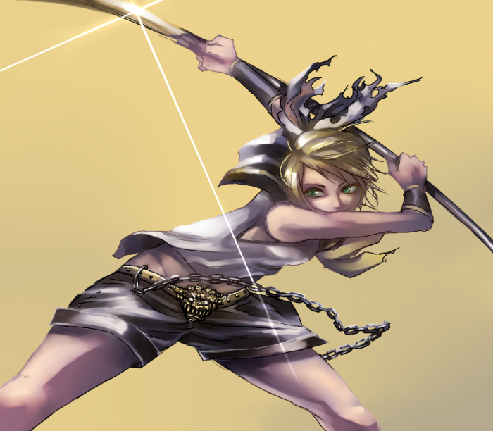 homex, kagamine rin, vocaloid, blonde hair, bracelet, chain, glint, green eyes, hair ribbon, jewelry, polearm, ribbon, short hair, shorts, solo, spear, weapon