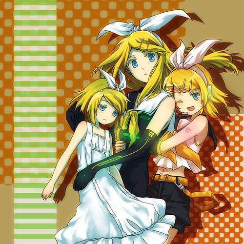 mimana, kagamine rin, kagamine rin (roshin yuukai), meltdown, roshin yuukai (vocaloid), vocaloid, lowres, 3girls, age comparison, aged up, black thighhighs, blonde hair, blue eyes, boots, child, dress, elbow gloves, gloves, hair ornament, hair ribbon, hairclip, long hair, multiple girls, multiple persona, one eye closed, ribbon, sailor dress, short hair, shorts, smile, thigh boots, thighhighs, time paradox, wink
