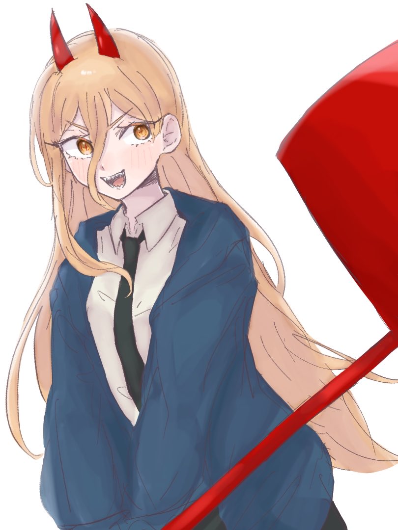 mayo chocomint, power (chainsaw man), chainsaw man, 1girl, black necktie, blonde hair, blue jacket, demon girl, demon horns, hair between eyes, hammer, hemokinesis, horns, jacket, long hair, necktie, sharp teeth, simple background, sledgehammer, solo, teeth, white background, yellow eyes