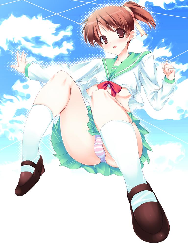 noto kurumi, hirasawa ui, k-on!, bad id, bad pixiv id, 00s, 1girl, breasts, brown eyes, brown hair, fat mons, female focus, full body, halftone, halftone background, medium breasts, outdoors, panties, pantyshot, ponytail, school uniform, serafuku, shoes, short hair, skirt, sky, solo, striped clothes, striped panties, underboob, underwear