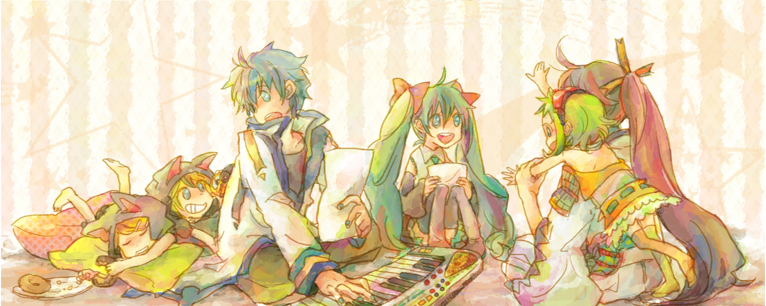 den, gumi, hatsune miku, kagamine len, kagamine rin, kaito (vocaloid), kamui gakupo, vocaloid, 3boys, 3girls, blonde hair, blue eyes, blue hair, detached sleeves, donut, food, goggles, green eyes, green hair, hair ornament, hair ribbon, hairclip, long hair, multiple boys, multiple girls, necktie, ribbon, short hair, siblings, skirt, smile, thighhighs, twins, twintails, zettai ryouiki
