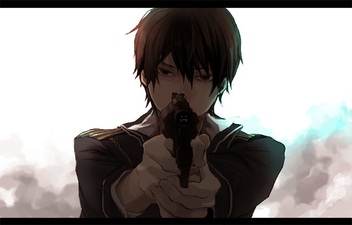 tetsuo (watson), tetsuo satoshi, alphonse elric, roy mustang, fullmetal alchemist, 00s, 1boy, aiguillette, aiming, aiming at viewer, at gunpoint, black hair, gun, handgun, letterboxed, male focus, military, military uniform, pistol, short hair, solo, weapon, when you see it