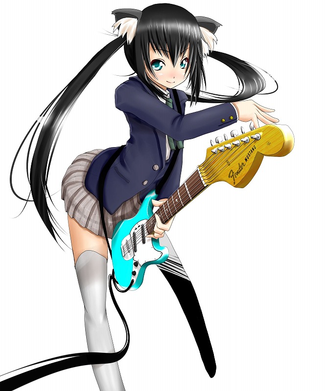 nokiguchi chika, nakano azusa, k-on!, 00s, 1girl, animal ears, black hair, blue eyes, blush, cat ears, cat girl, female focus, guitar, instrument, long hair, mustang (guitar), plaid clothes, plaid skirt, school uniform, simple background, skirt, solo, thighhighs, twintails, white background, white thighhighs